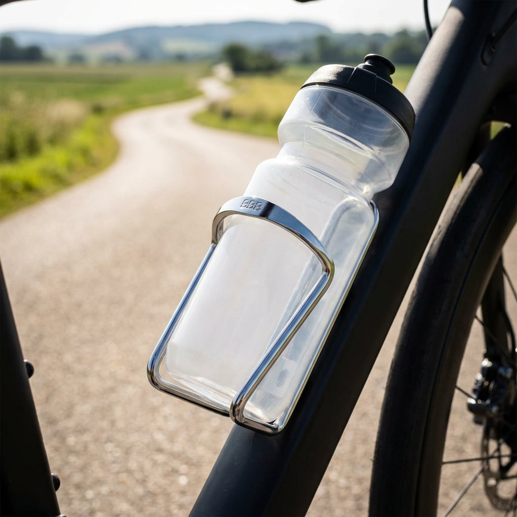 BBB Cycling EcoTank Flaschenhalter silber am Fahrrad mit Flasche auf gewundener Landstraße.