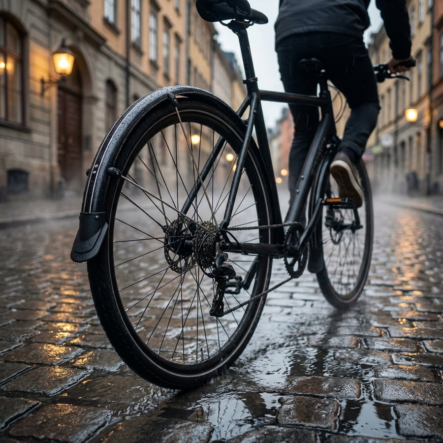 Schwarze Messingschlager 28 Kunststoff Schutzbleche mit Streben am Fahrrad auf nasser Kopfsteinpflasterstraße.