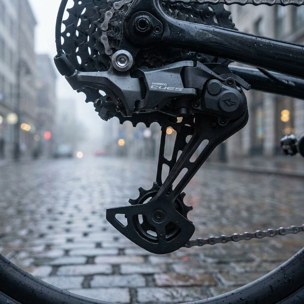 SHIMANO CUES RD-U6000 10/11-fach Mittellang Schaltwerk am Fahrrad auf nasser Kopfsteinpflasterstraße.