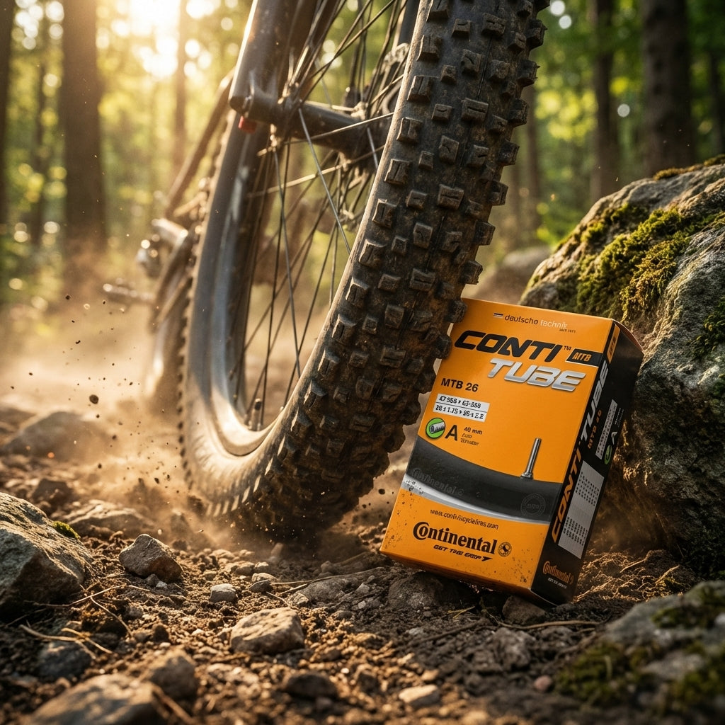 Continental Conti Tube MTB 26 Schlauchbox am Mountainbike-Reifen auf staubigem Trail.