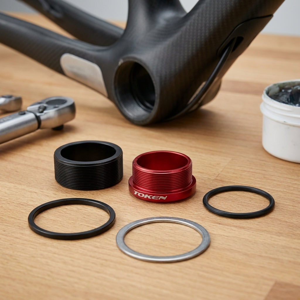 TOKEN TF24 Thread Fit GXP PF30 Adapter für Fahrrad Tretlager Komponenten, Werkzeug und Fett auf Holz.