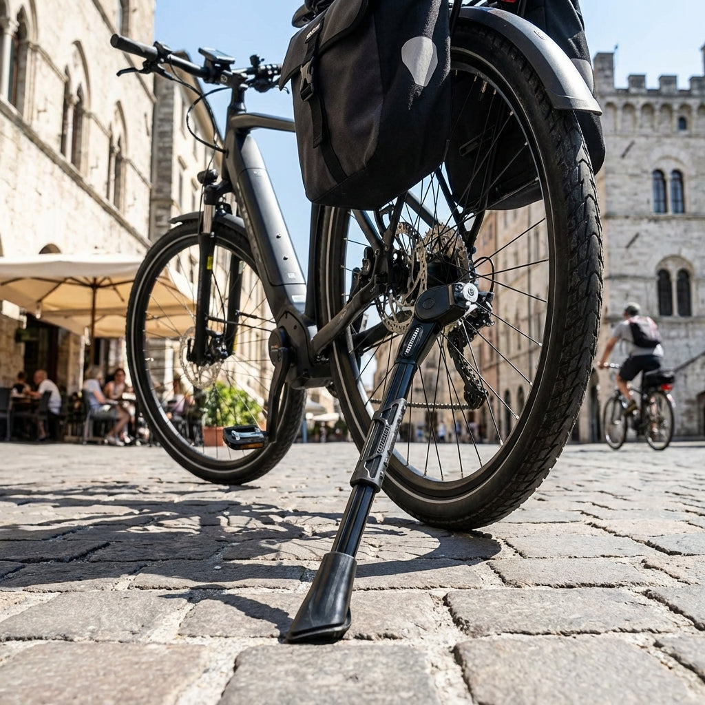 Ursus King Seitenständer schwarz verstellbar Alu am schwarzen E-Bike auf Kopfsteinpflaster in Altstadt.