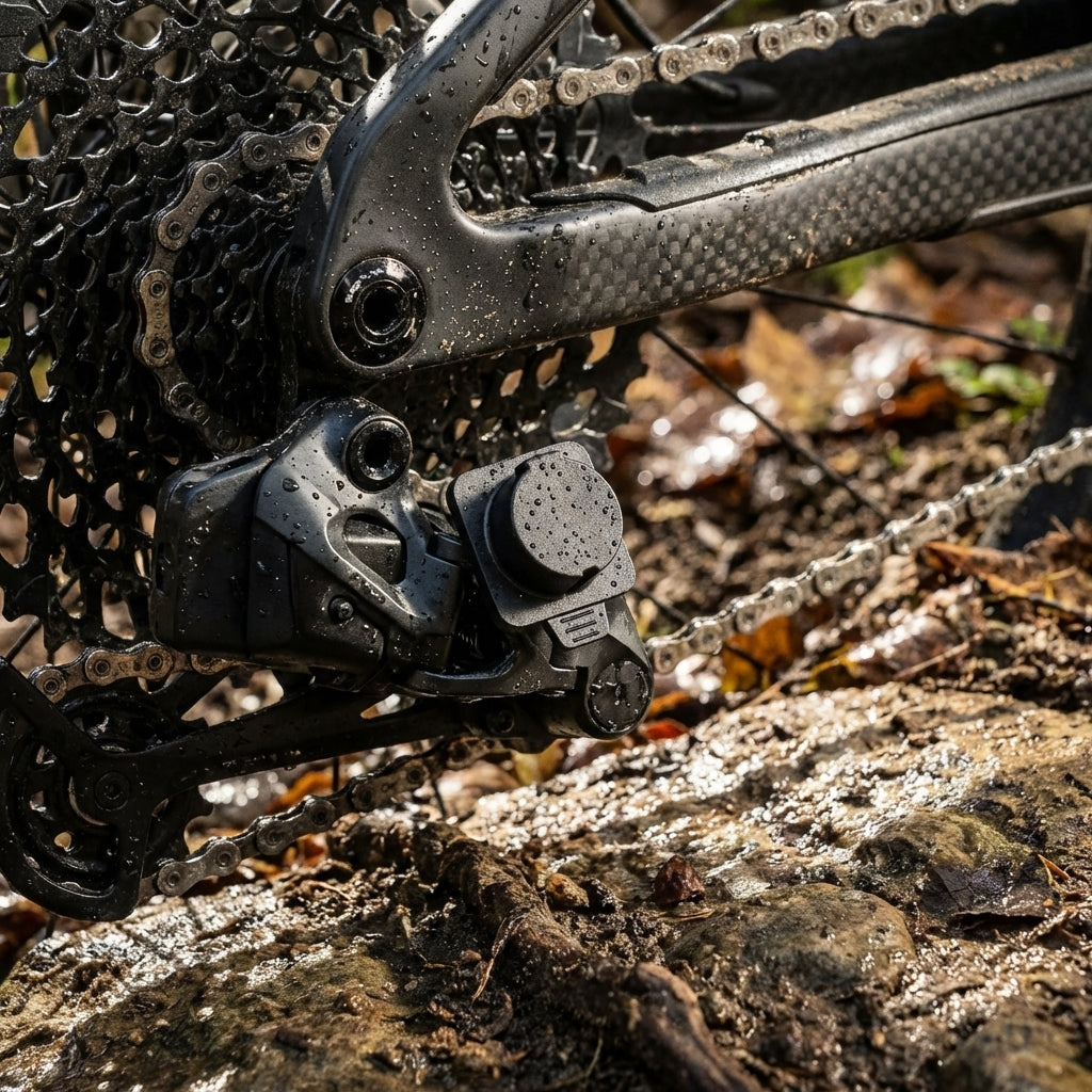 SRAM Cover für Eagle Transmission Powertrain Ladebuchse am verschmutzten Mountainbike, zuverlässiger Schutz.