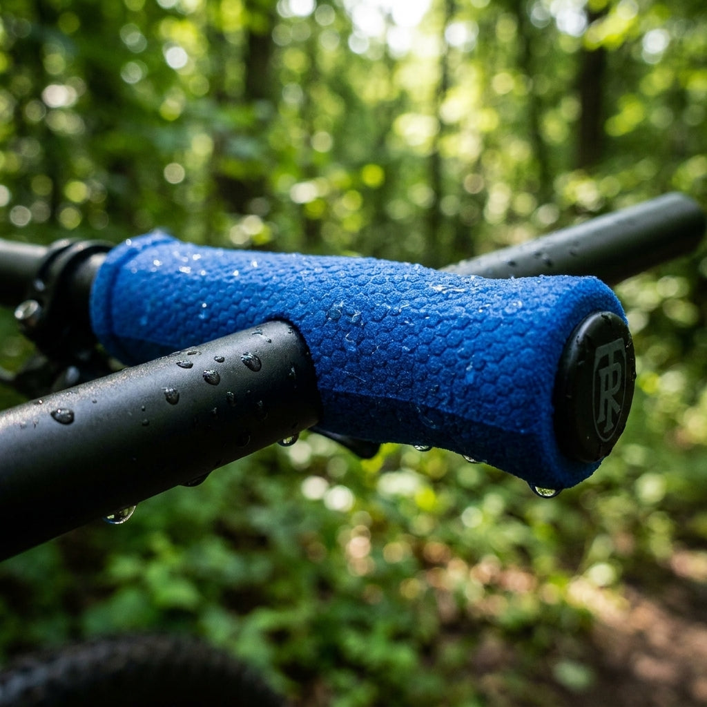 Königsblauer Ritchey WCS Truegrip Bike-Griff mit Wabenstruktur und Regentropfen auf schwarzem Lenker im Wald.