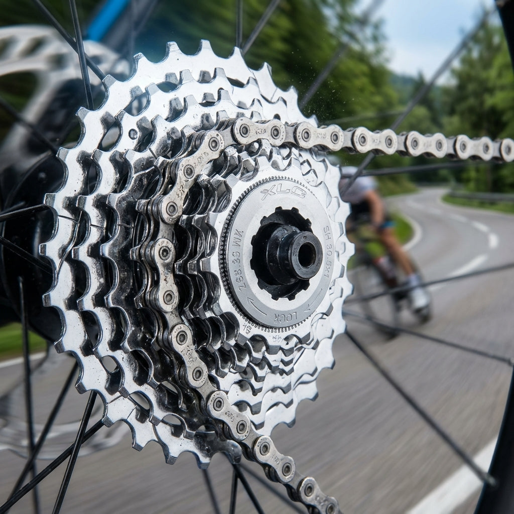 XLC Zahnkranz-Kassette 9-fach Shimano. Fahrradkassette mit Kette am Hinterrad, glänzend.