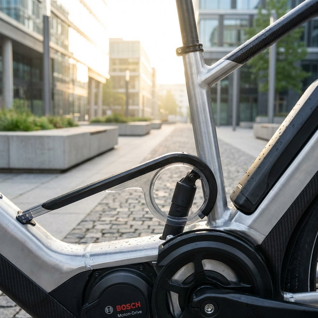 Horn Kettenschutz Catena A09/38B schwarz-transparent für Bosch E-Bike Antrieb 38Z auf urbaner Straße.