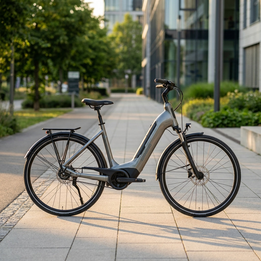 Winora TRIA R8F LOW graues E-Bike Tiefeinsteiger mit Riemenantrieb und 8-Gang Nexus auf Bürgersteig.