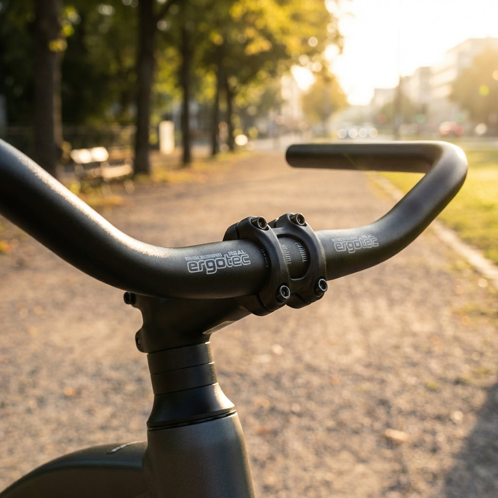 Ergotec Lenkerbügel Country Stahl schwarz Ø 25,4 mm 590 mm 67° montiert an einem Fahrrad in einem sonnigen Park.