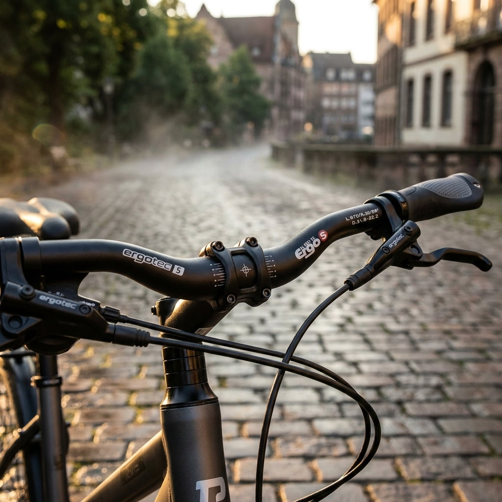 Ergotec Lenker Ergo Series schwarz, 31,8mm Klemmung, 620mm Breite, 30mm Rise, Safety Level 5 am Fahrrad.