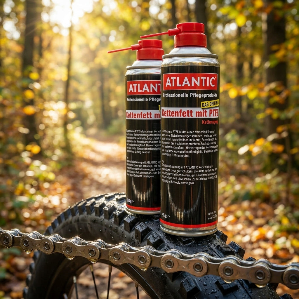 Atlantic Kettenfett mit PTFE Spraydosen auf Fahrradreifen & Kette im Herbstwald. Für professionelle Fahrradpflege