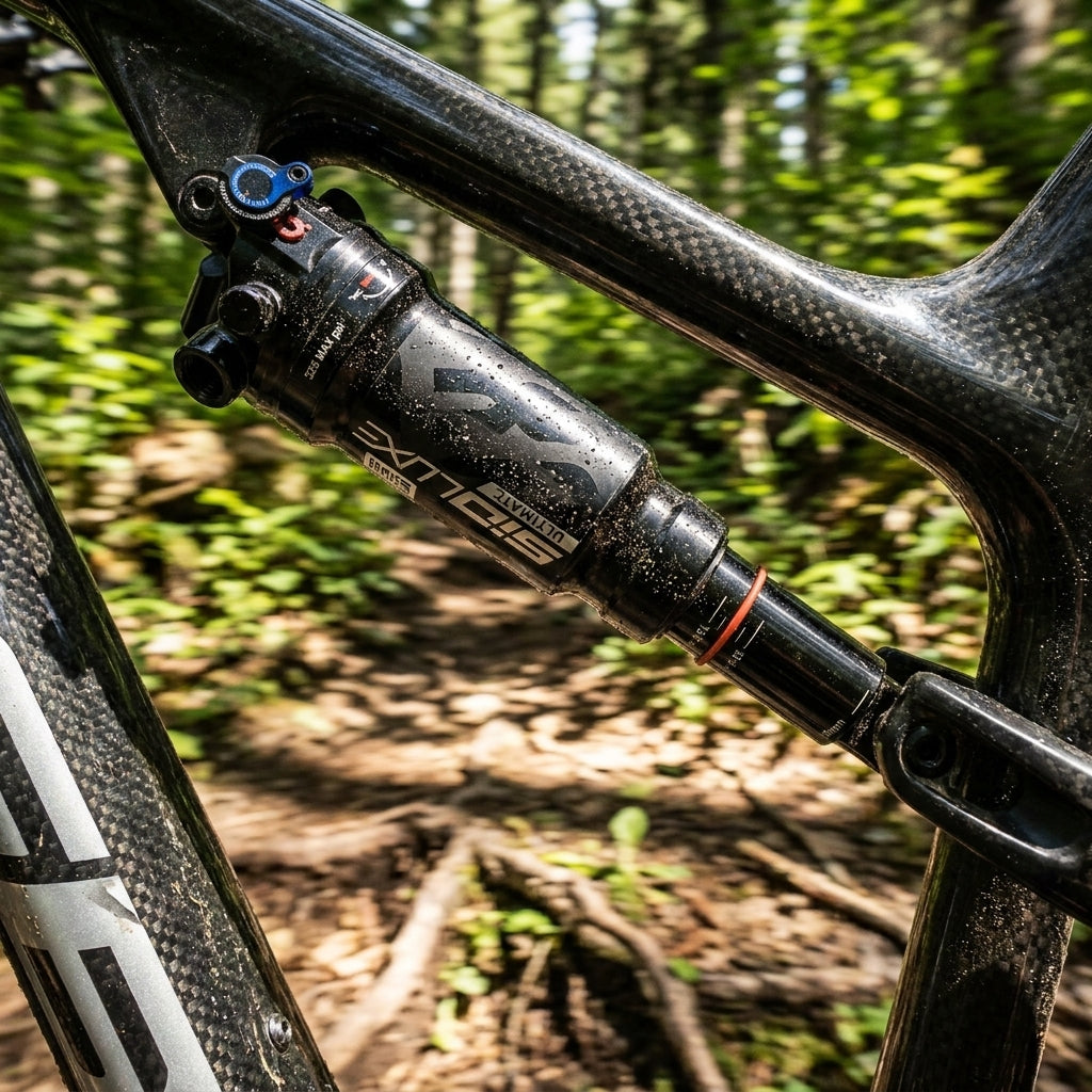 Rockshox SIDLuxe Ultimate Dämpfer in Schwarz am Carbon-Mountainbike im Wald, leicht verschmutzt.