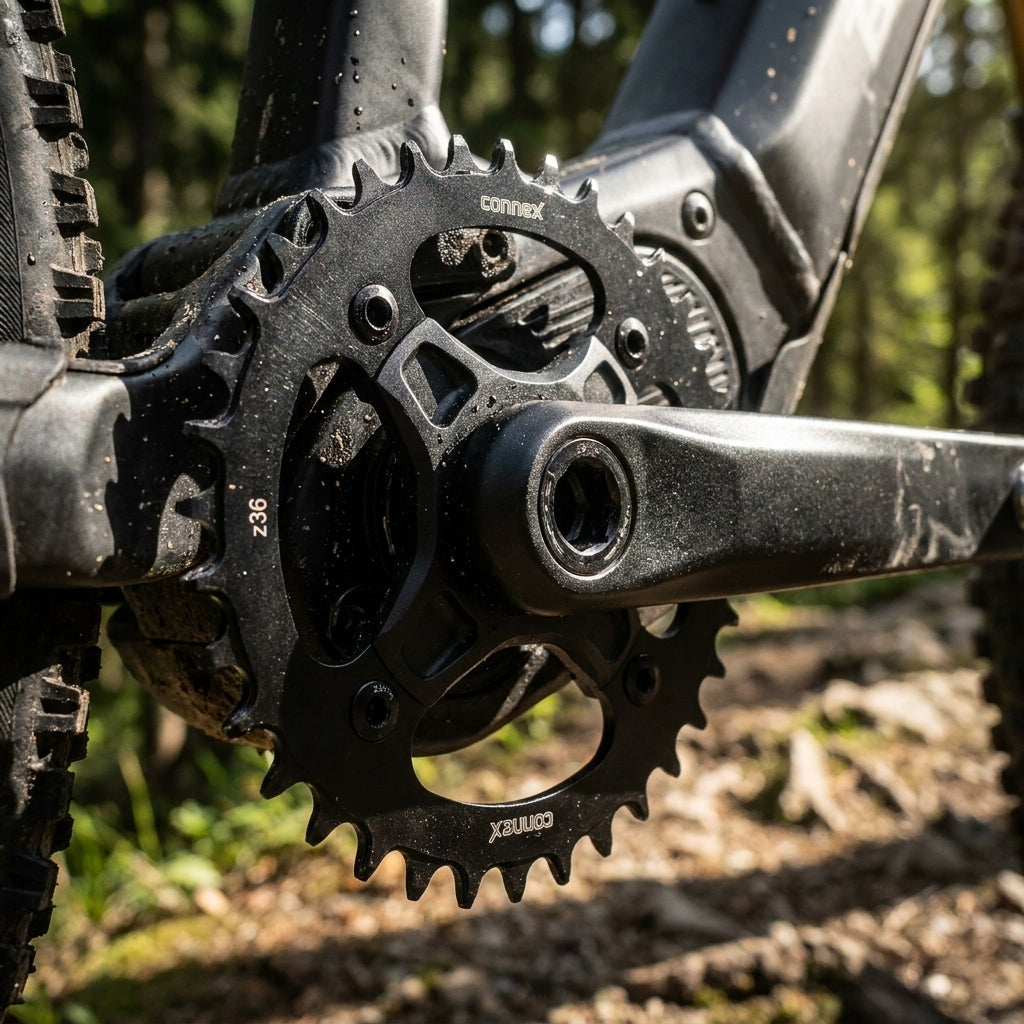 ConneX E-Bike Kettenblatt 36 Zähne Narrow-Wide an schmutzigem E-Bike.