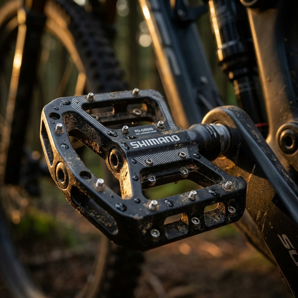 SHIMANO PD-GR500 schwarzes Flat Pedal, stabiler Plattformkörper am Mountainbike, schmutzig, mit Wassertropfen.