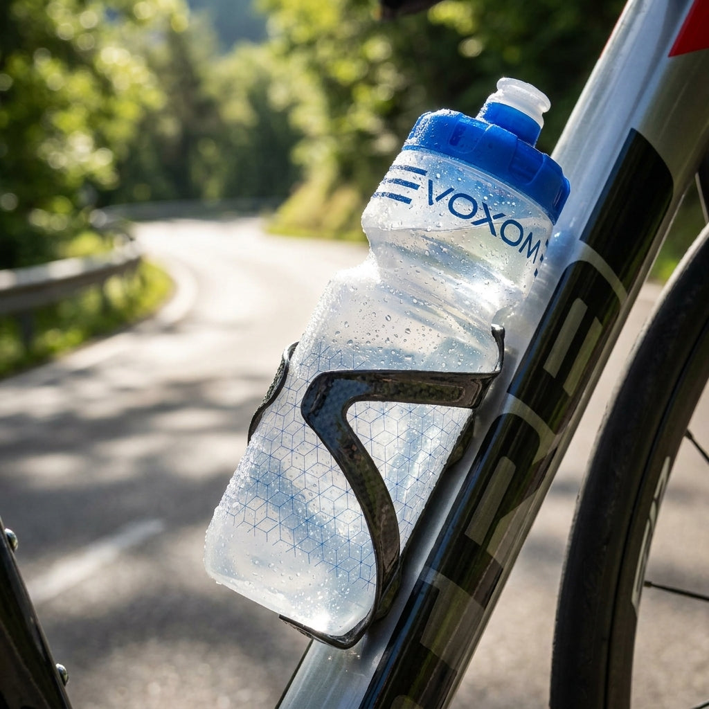 Voxom Wasserflasche F1 klar-blau 710 ml am Fahrrad auf einer sonnigen, kurvigen Landstraße.