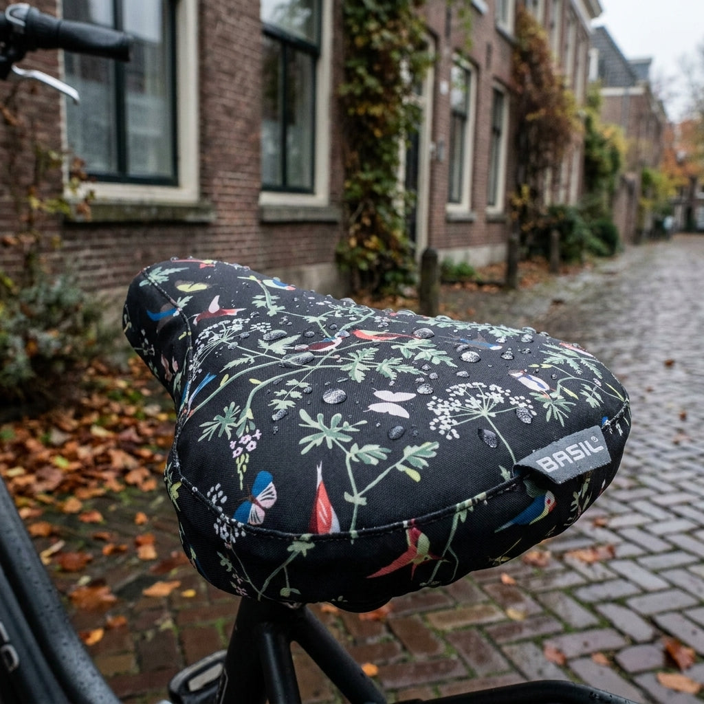 Basil Sattelüberzug Wanderlust charcoal mit bunten Vögeln, Schmetterlingen & Regentropfen auf Fahrradsattel.