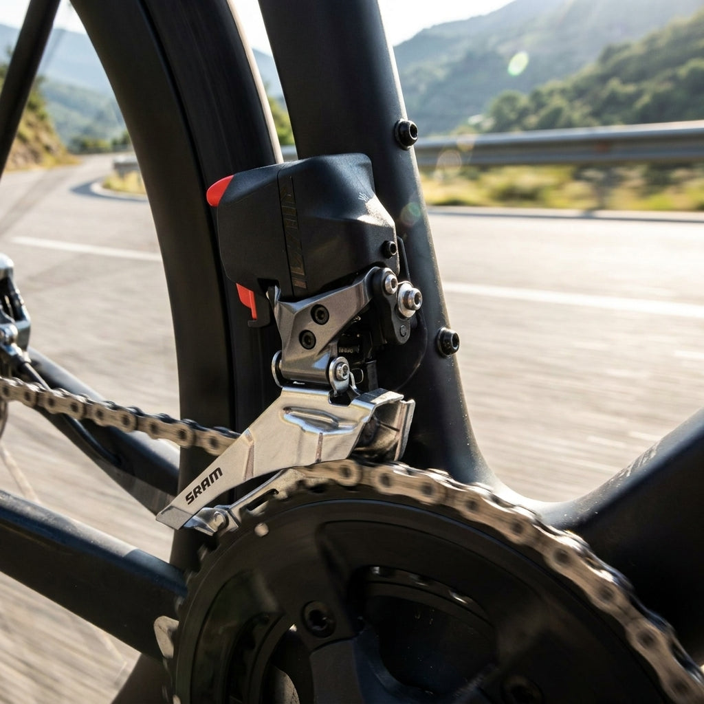 SRAM Rival eTap AXS Umwerfer Anlöt am schwarzen Rennrad, zeigt präzise Funk-Schaltperformance vorne.
