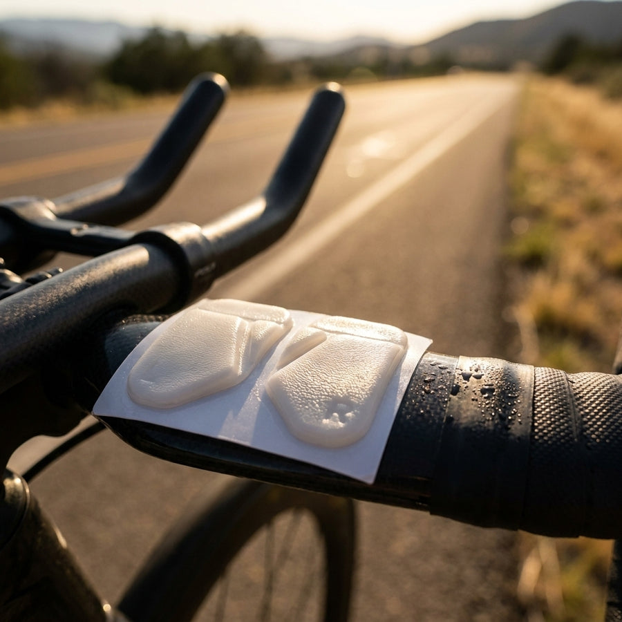 SRAM Gelpad-Set Red: Komfortable weiße Gelpads auf Triathlon-Lenker am Fahrrad auf sonniger Straße.