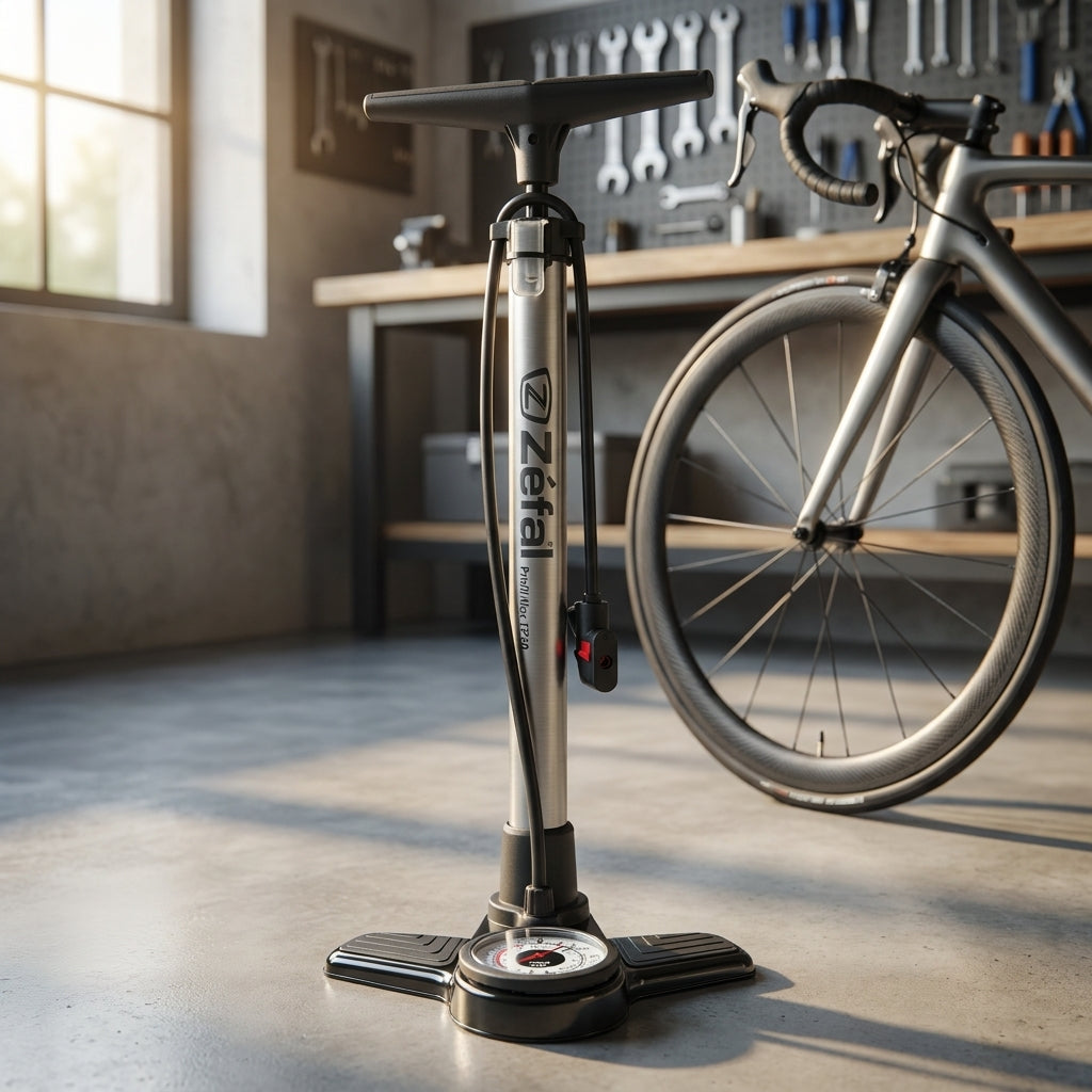 Zefal Standpumpe Profil Max FP20 grau weiß, Fahrradpumpe, steht in Werkstatt neben Rennrad.