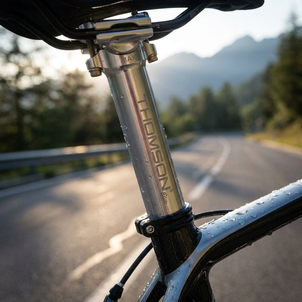 Thomson Elite Patentsattelstütze silber 27,2mm L330mm am Fahrrad, nass auf Bergstraße.