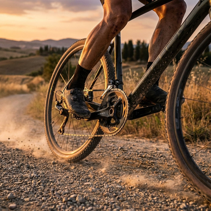 SHIMANO GRX FC-RX600 Kurbelgarnitur am Gravelbike in Aktion, Staub aufwirbelnd bei Sonnenuntergang.