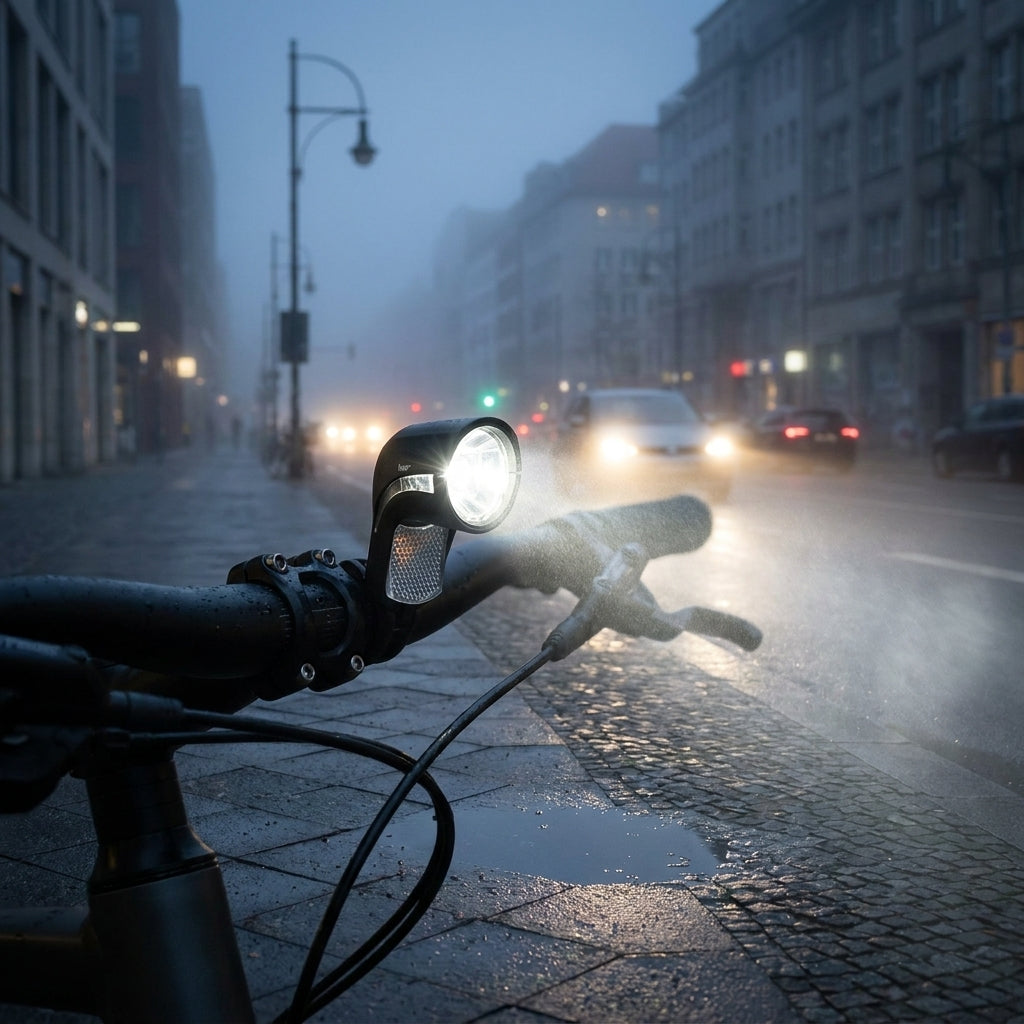 Busch&Müller Lumotec Upp N plus LED StVZO Dynamo-Scheinwerfer am Fahrrad bei Nebel und Regen in der Stadt.