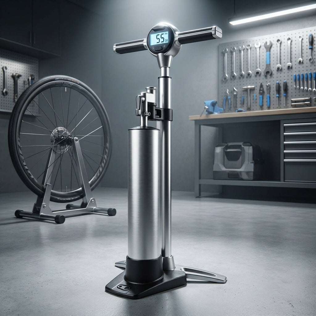 Crankbrothers Klic Fahrrad-Standpumpe silber mit Tubeless Tank, digitalem Manometer in Werkstatt.