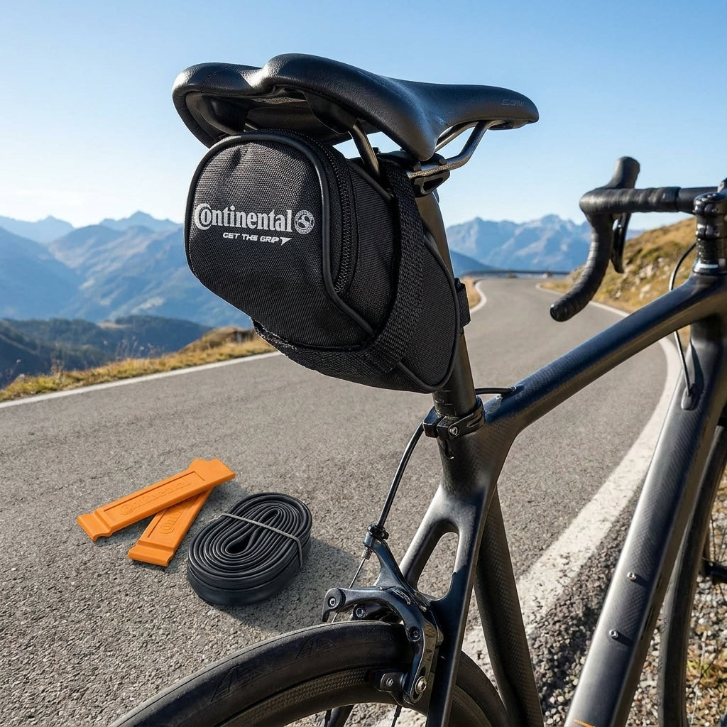 Continental Satteltasche mit 27.5 Zoll Ersatzschlauch und 2 Reifenhebern. Ideales Pannenset für Fahrradtouren und Pendler.