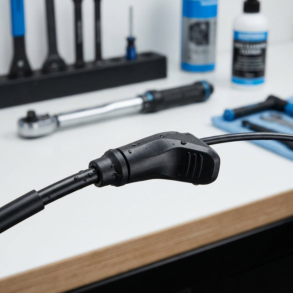 SHIMANO SP40 gedichtete Kunststoff Endkappe für Schaltzugaußenhülle, mit Wassertropfen auf Werkbank