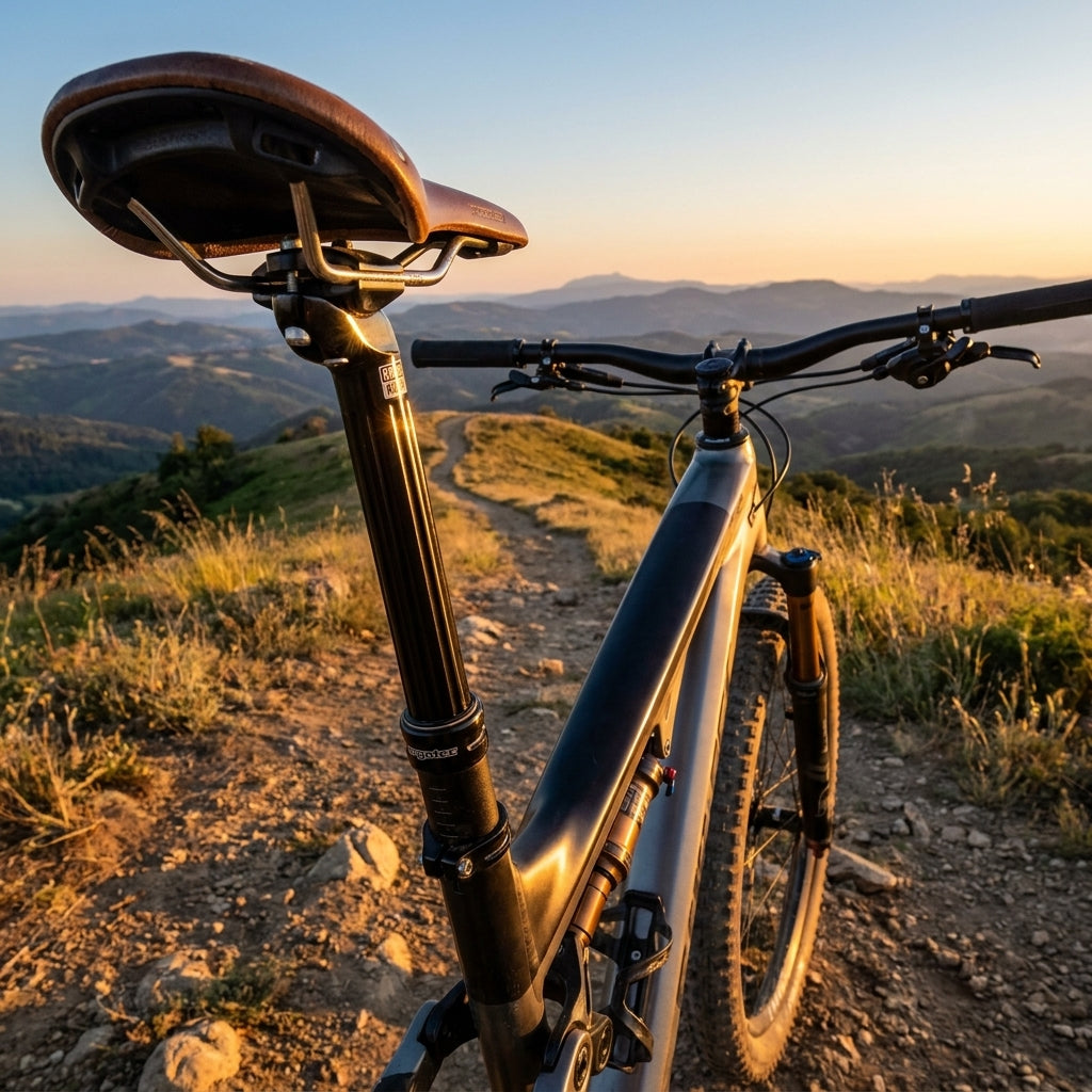 Ergotec Patentsattelstütze schwarz Alu am Mountainbike. Robuste Sattelstütze für Abenteuer auf Bergpfaden bei Sonnenuntergang
