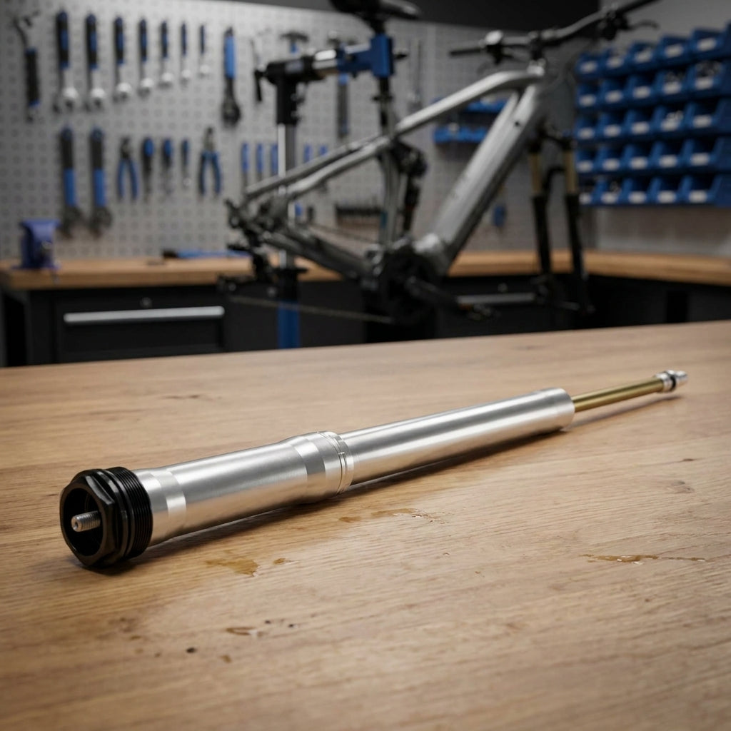 Remote-Lock Kartusche SR Suntour für SF17 NCX-E45 RL-R liegt auf Holzarbeitsplatte in Fahrradwerkstatt.