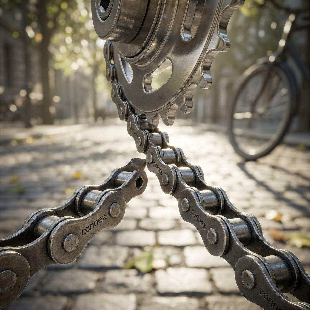 Connex Kette 700 1-fach, schwarze Stahl-Fahrradkette, detailreich am Kettenblatt. Unscharfes Fahrrad im Hintergrund.