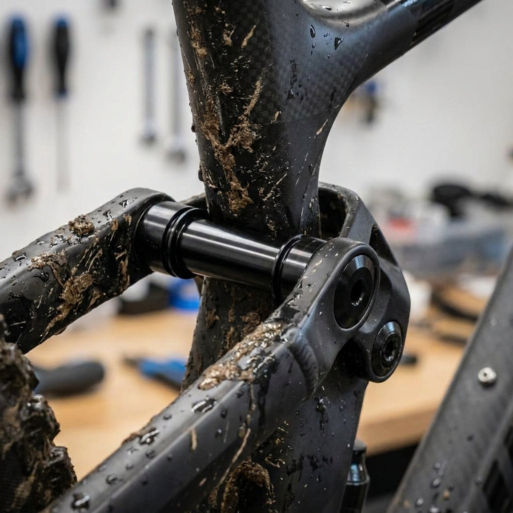 RockShox 3-teilige Federbein-Befestigungshardware an schlammigem Carbon-Mountainbike-Hinterbau.