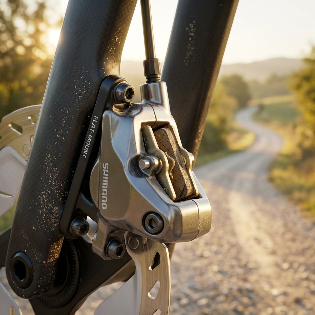 Shimano K05S-RX Resin Scheibenbremsbelag für Flat-Mount Bremse am Fahrrad auf Schotterweg.