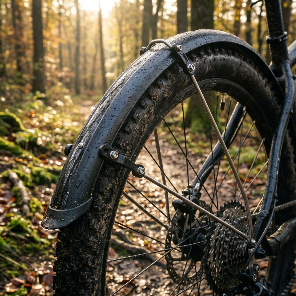 SKS GERMANY Velo 65 Mountain Strebensatz an Schutzblech und Mountainbike-Hinterrad auf schlammigem Weg.