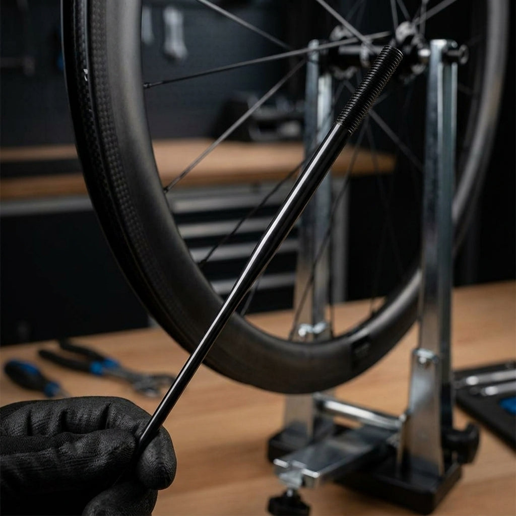 DT SWISS Revolite schwarze Messerpeichen in Hand vor Carbon-Fahrradlaufrad im Zentrierständer.