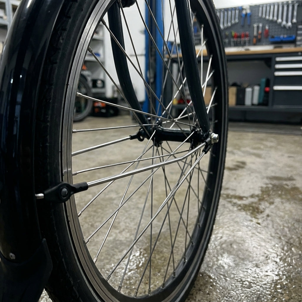 SKS BLUEMELS BASIC silberne Ersatzstreben am Fahrrad-Vorderrad mit Schutzblech und ASR Sicherheitssystem.