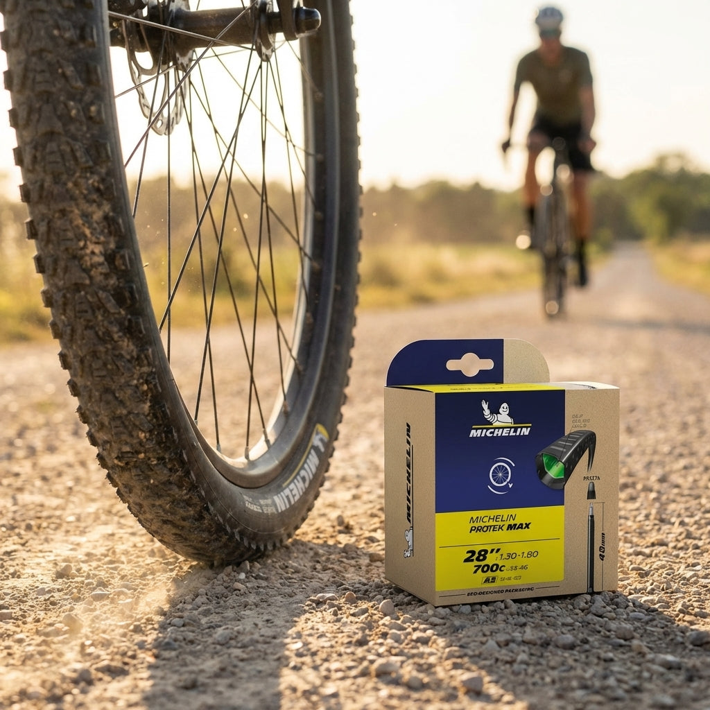 Michelin Protek Max Fahrradschlauch A3 28x1.30-1.80 SV 48mm Box auf Schotterweg, Fahrrad im Hintergrund.