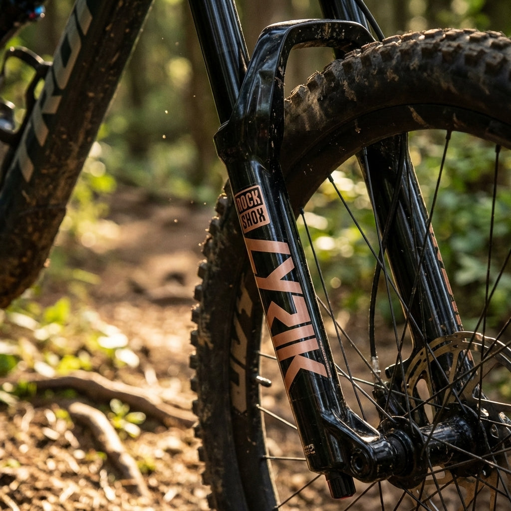 RockShox Lyrik Ultimate Gabel mit matter Kupfer-Folie Decal-Kit am Mountainbike auf dem Trail.