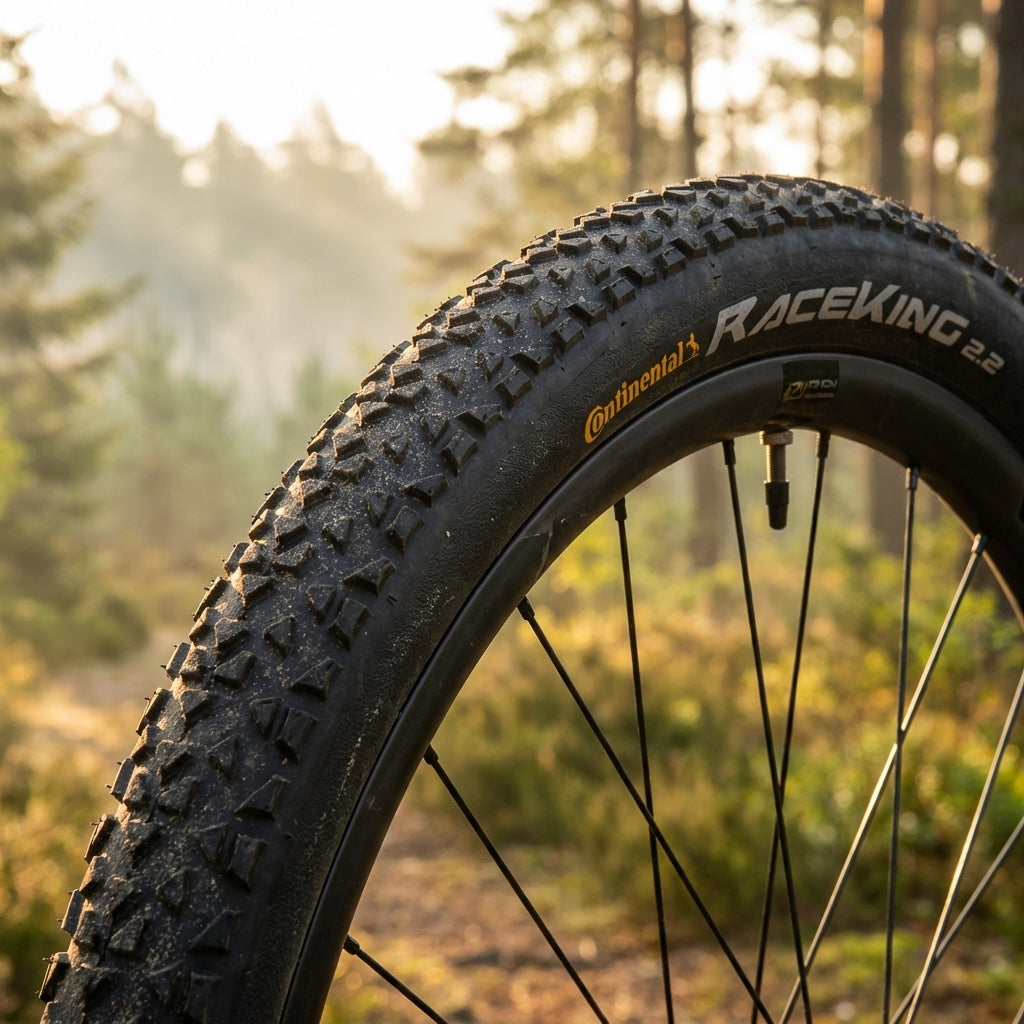 Continental Race King 2.2 Mountainbike Reifen mit grobem Profil auf Rad im Wald bei Sonnenlicht.
