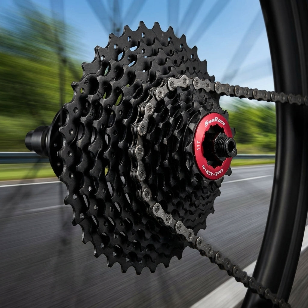 Schwarze SunRace CSRX1 11s Kassette 11-32Z für Rennräder, Sram/Shimano, mit rotem Lockring.