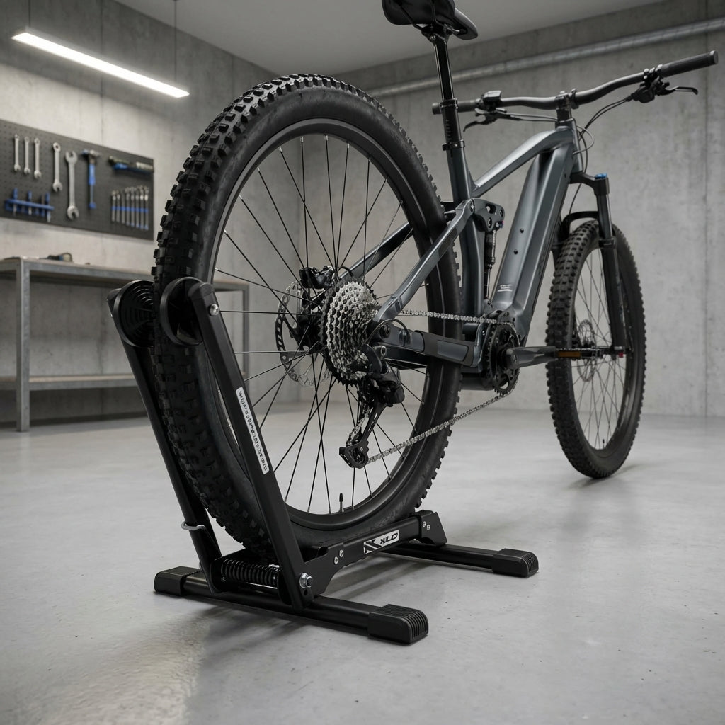 XLC Fahrrad Abstellständer VS-F03 klappbar hält ein E-Mountainbike in einer Werkstatt.