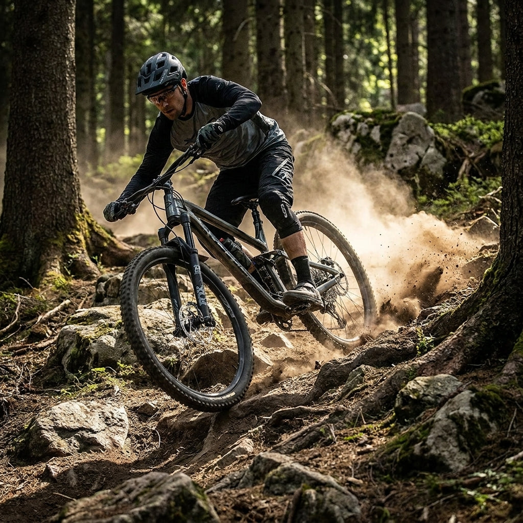 Mountainbiker auf XLC All Mtn Teleskopsattelstütze SP-T05 rast staubig bergab auf Waldtrail.