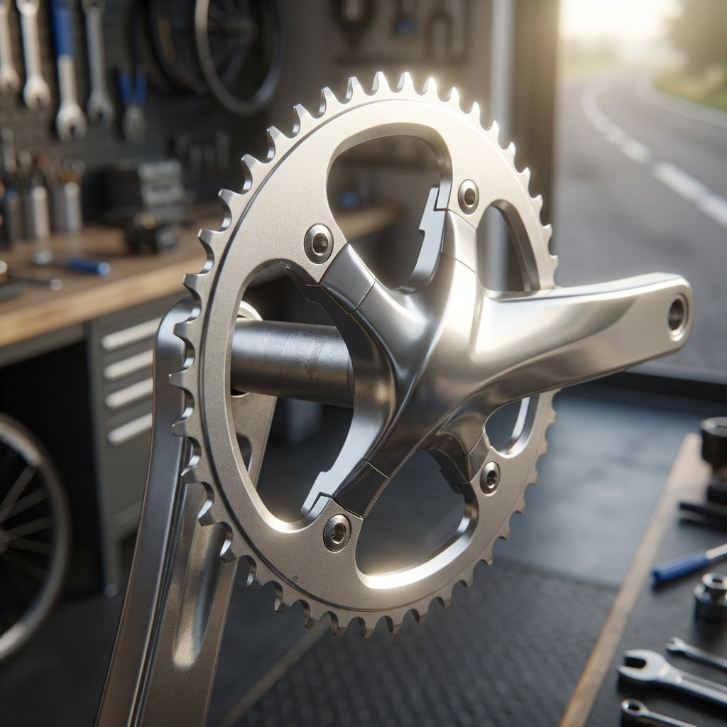 Stronglight Kettenblatt Silber Lochkreis 110MM 52Z in Fahrradwerkstatt mit Werkzeugen.