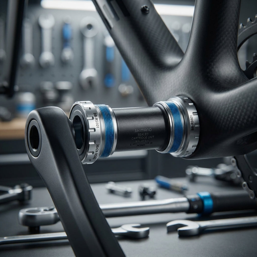 Shimano BB-RS501 BSA Innenlager im Carbon-Fahrradrahmen, mit Kurbel und Werkzeugen in einer Werkstatt.