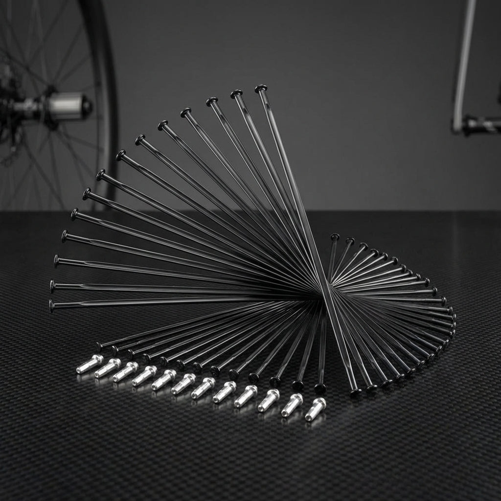 DT SWISS Speichenkit Arc1400 Di 650B schwarz: Kunstvoll arrangierte schwarze Speichen mit silbernen Nippeln auf Carbon.