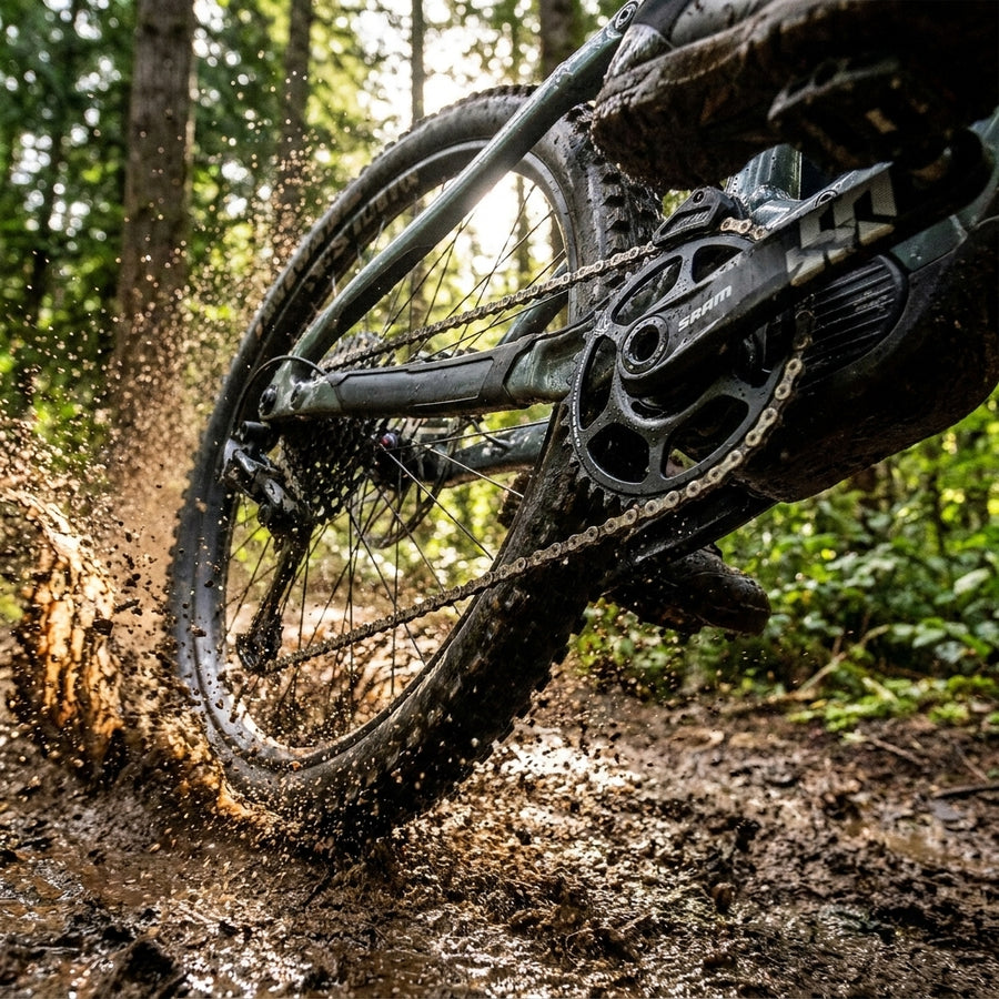 SRAM X-Sync Kettenblatt E-MTB 2 Eagle 34T an E-Mountainbike, das durch Schlamm spritzt.