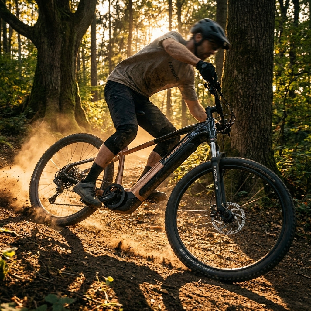 Haibike ALLTRACK 6 29 E-MTB mit Bosch Performance Line PX Motor und 800Wh Akku. Fahrer wirbelt auf Waldweg Staub auf.