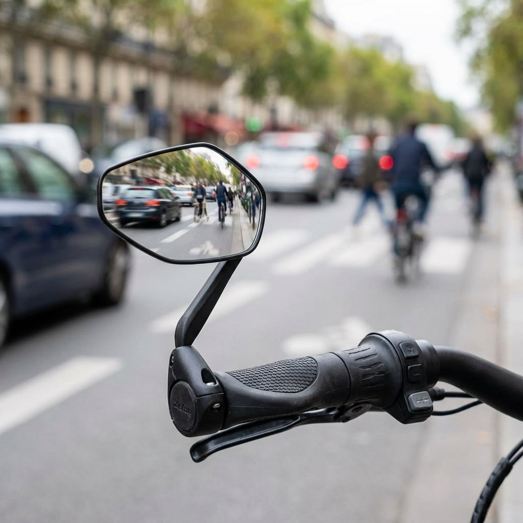 Zefal Fahrradspiegel Espion Z56 schwarz am Lenker, reflektiert Straße mit Radfahrern und Autos.