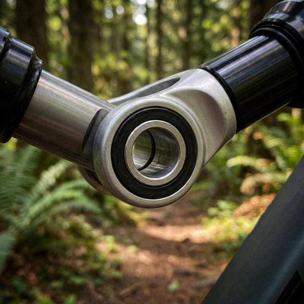 RockShox 3-teiliges Dämpfer-Montagematerial 1/2"10x22.4 Standard im Nahaufnahme-Bild auf Waldweg.
