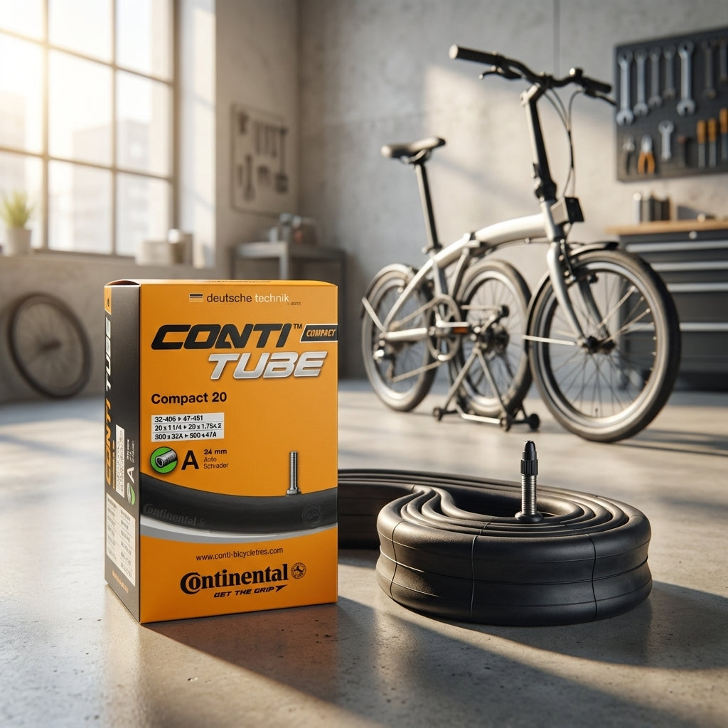 Continental Fahrradschlauch Conti Compact 20 20 Zoll AV Ventil liegt neben Verpackung vor Faltrad in Werkstatt